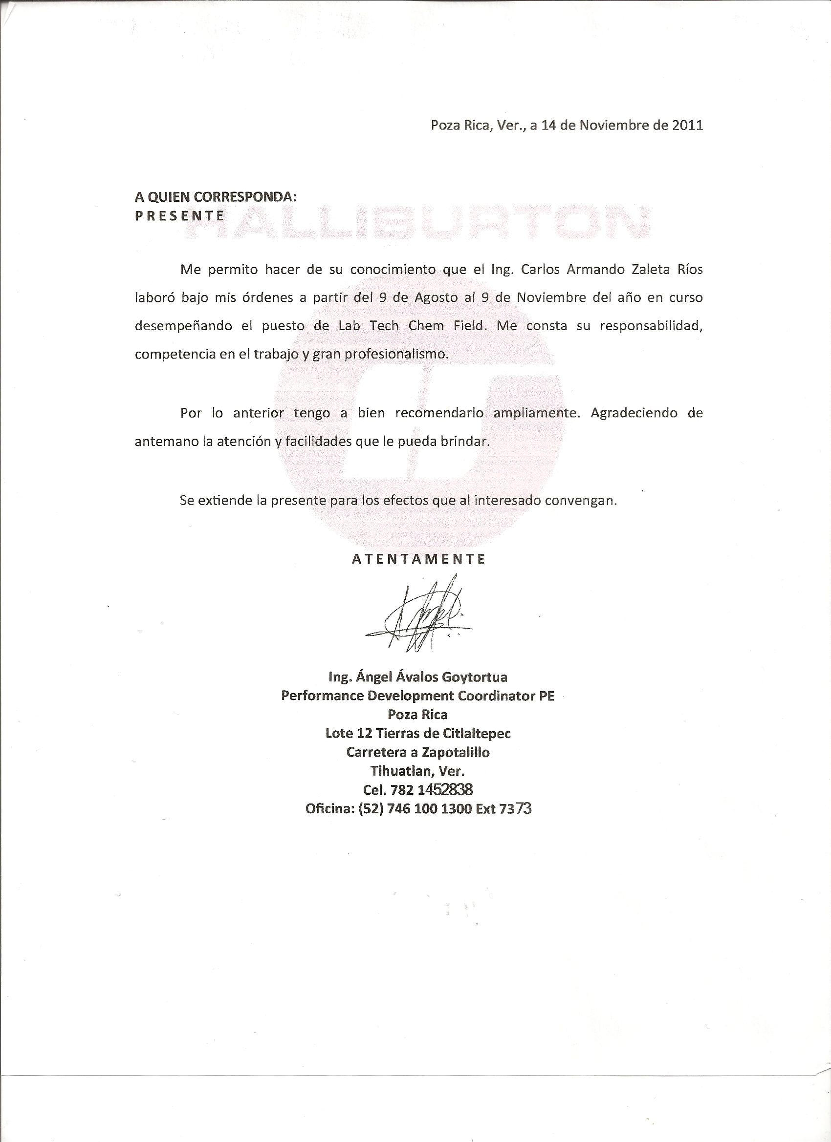 Carta de recomendación Halliburton  Ing. Carlos Zaleta